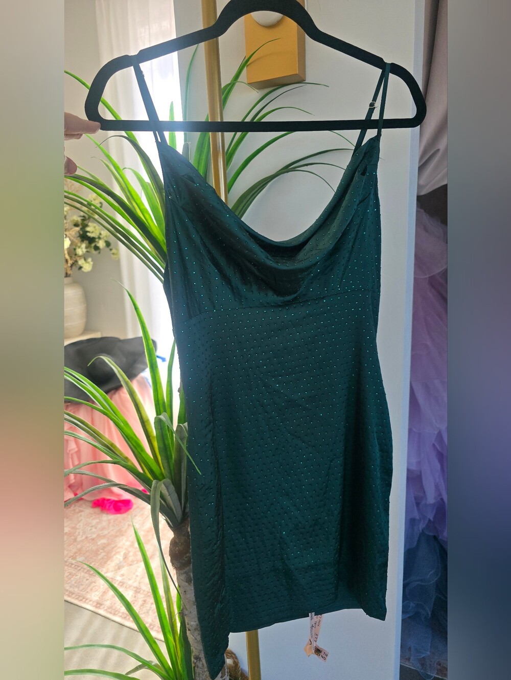 Oh Polly Emerald Green Cowl Neck Embellished Mini Dress